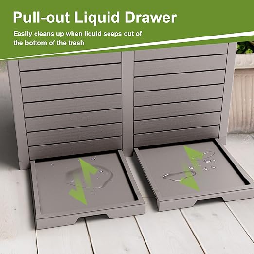 62 Gallon Outdoor Double Trash Can, Waterproof Trash Can Cabinet for Outside, Resin Garbage Bin with Lid and Drip Tray for Easy Cleaning for Patios, Kitchens, and Outdoor Entertaining（Light Gray）