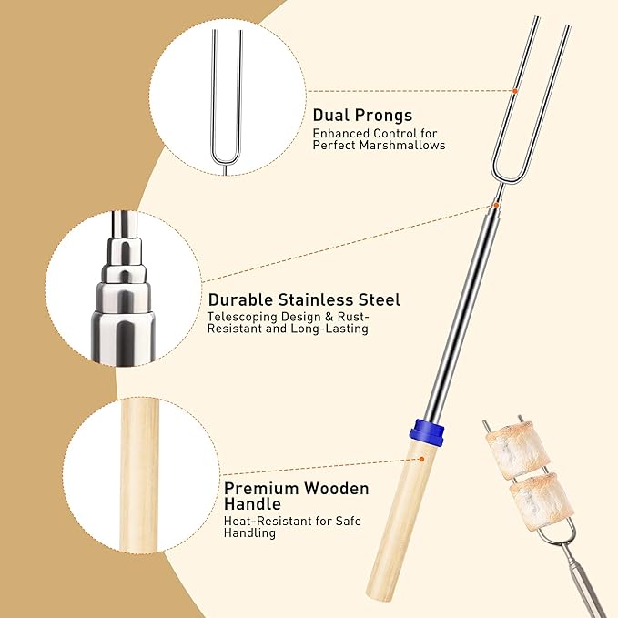Smores Sticks for Fire Pit – Marshmallow Roasting Sticks & Hot Dog Roasting Sticks, Extendable Stainless Steel Smore Skewers for Campfire Cooking and Camping Essentials, 32 Inch (5-Pack)
