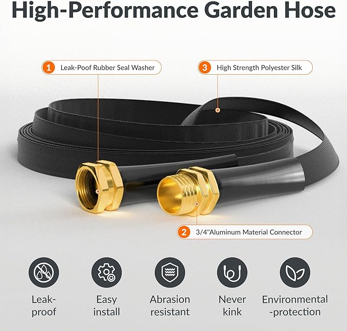 Giraffe Tools Garden Hose 25FT Lightweight Lay Flat Water Hose Kink Free Flexible Hose with 9 Spray Function Nozzle, Black