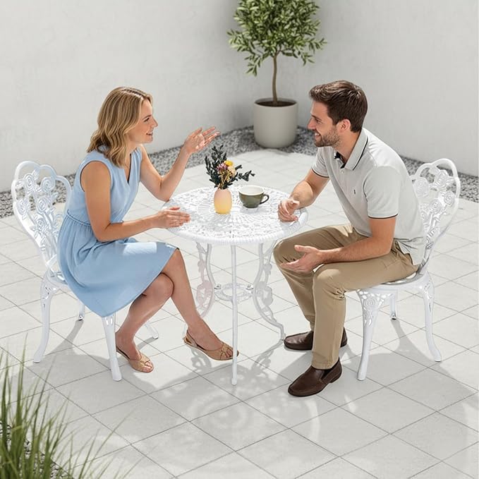 VINGLI 3 PCS Outdoor Bistro Set, Outdoor Patio Set, All-Weather Cast Aluminum Bistro Table Set, Bistro Table and Chairs Set of 2 for Backyard, Garden, Balcony (White, Rose)