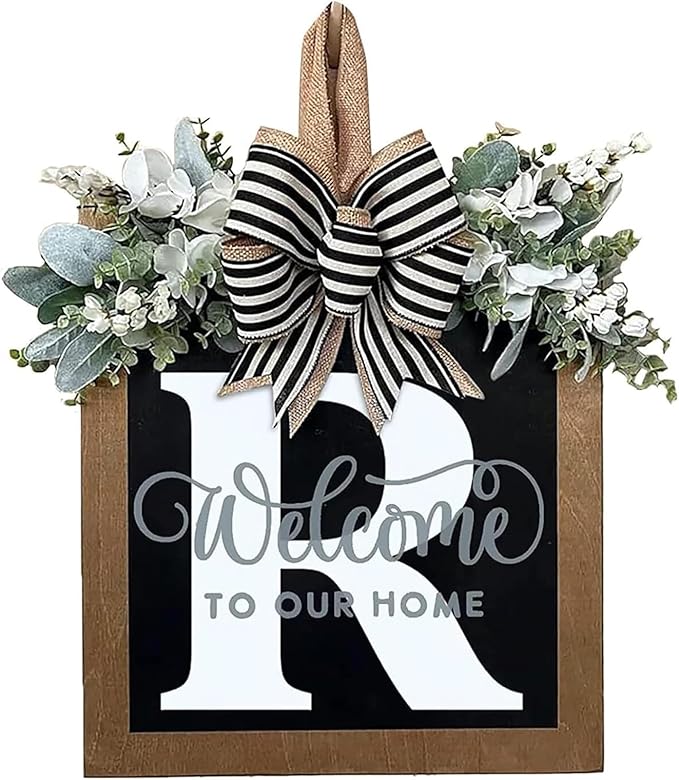 Last Name Front Porch Decor, Welcome Sign Door Wreath, Outdoor Decorations, 26 Letter Hanging Wreath, Spring Monogram for All Seasons (R)