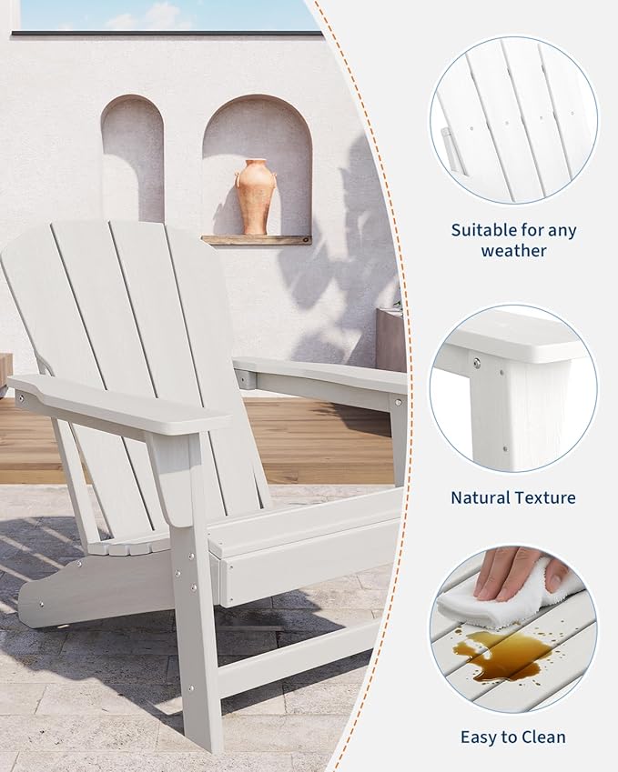 Modern HDPE Plastic Adirondack Chair - Oversize 380 LB Poly Lumber Weather Resistant Firepit Chair - Outdoor Patio Chairs with Wooden Textured for Garden, Backyard, Lawn, Deck, Pool, Porch - White