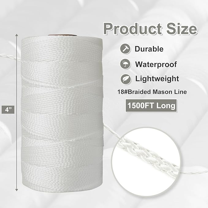 Mason Line String Line,1500 Ft Length Nylon Twine,18 Braided Nylon String for Gardening Or Masonry Tools,Twine String for Gardening,White