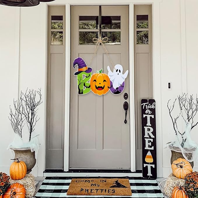 Halloween BOO Decorations Cute Pumpkin & Ghost Hanging Sign Front Door Hanger Wreath Decor Indoor Outdoor Decor for Halloween Party Home Farmhouse Wall Porch Yard Window Decoration Supplies