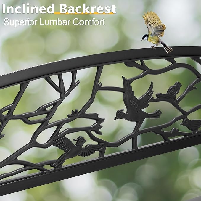 VINGLI Outdoor Bench for Patio Metal Garden Bench w/PVC Back Pattern, Black Park Benches Front Porch Benches for Yard Lawn Decor Deck Entryway (Black-Bird)