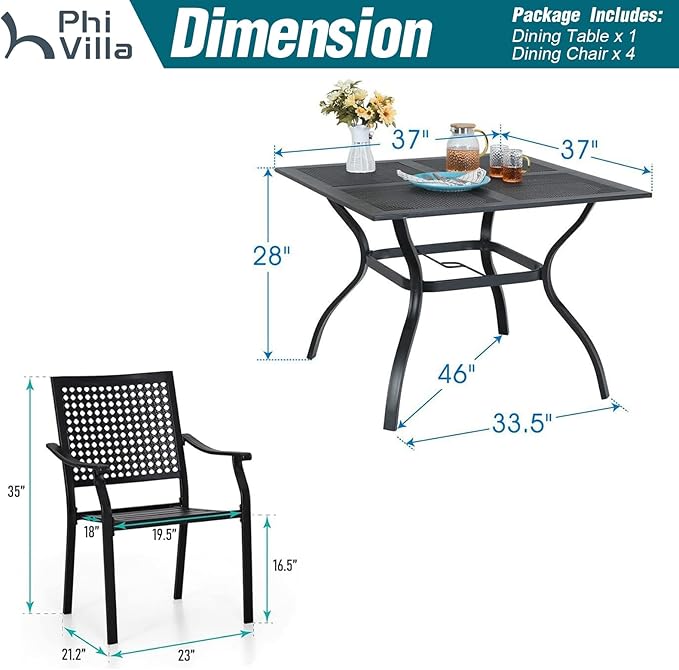 PHI VILLA 5 Pieces Outdoor Dining Set for 4, 37" Square Mesh-top Metal Table & Stackable Chairs with Cushions, Heavy-Duty Iron Furniture Set for Patio, Deck, Backyard, Porch