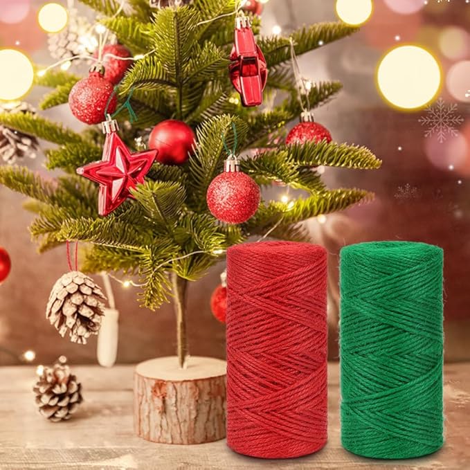 Tenn Well Red Green Jute Twine, 328 Feet x 2 Rolls 2mm Colored Christmas Twine String for Gift Wrapping, Holiday Decorations, Bundling, Gardening, DIY Crafts