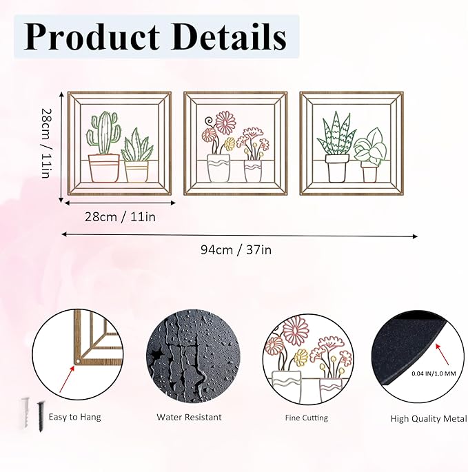 DUOOLN Metal Flowers Wall Art Decor,3Pcs Minimalism Flower in Vase Hanging Iron Hanging Picture, Modern Plant Potted Wall Sculpture Sign,Home Bedroom Bathroom Outdoor Indoor Kitchen Decoration-Color 2