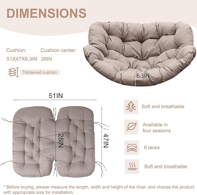 Outdoor Rocking Chair Cushion – Waterproof Wicker Egg Chair Replacement Pad, Thick Papasan Seat Cushion with Ties for Indoor & Outdoor Patio, Porch, Balcony, or Garden (Khaki)