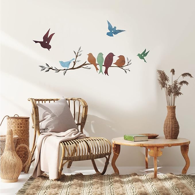 Ferraycle Metal Bird Wall Art Birds on the Branch Decor Metal Sculpture Silhouette Ornament Branch Wall Hanging Sign for Balcony Garden Home Decor(Cute Colors)