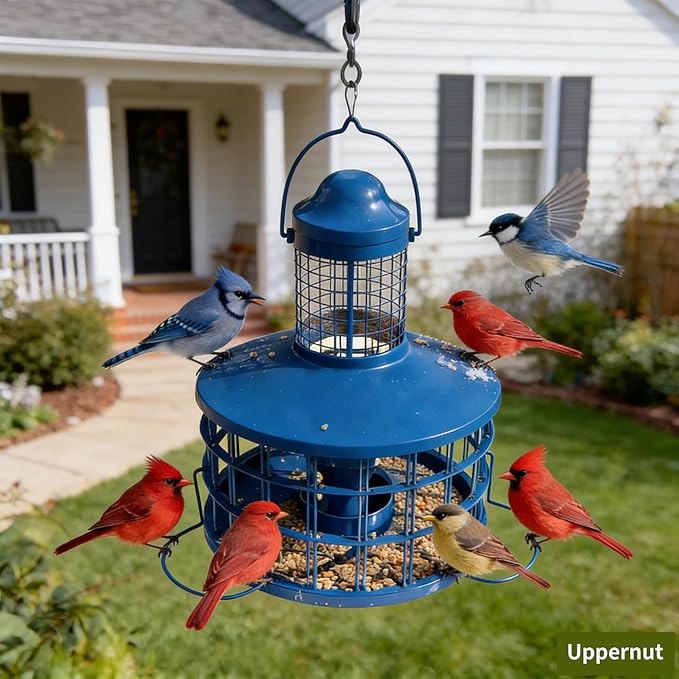 Squirrel Proof Caged Mealworm Bluebird Feeder with Detachable Grille, Easy Refill and Clean, Attract Wild Blue Bird Small Birds Outdoor Hanging, Metal Tube Feeders with Tray Life Time Support