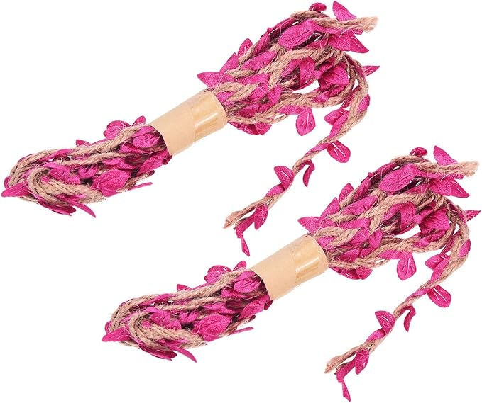 PATIKIL 6.6ft 5mm Burlap Leaf Ribbon, 2 Pack Braided Decoration Vine Natural Jute Rope Twine with Artificial Leaves for Jungle Wedding Party Home Garden Decor, Fuchsia