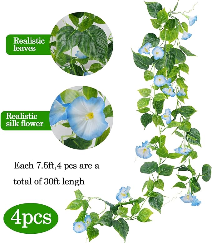 GTIDEA 4Pcs Fake Vines 30Feet Artificial Hanging Morning Glory Flower Garland Blue Faux Vines for Outdoors for Wall Fence Indoor Wedding Decor