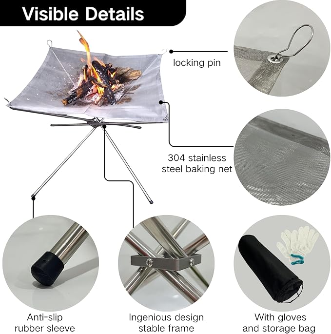 BeGrit Portable Fire Pit for Camping, 16.5" Wood Burning Fire Pits for Outdoor, 304 Stainless Steel Mesh Firepit for BBQ, Bonfire, Backyard, Garden, Patio (with Carrying Bag & Gloves)