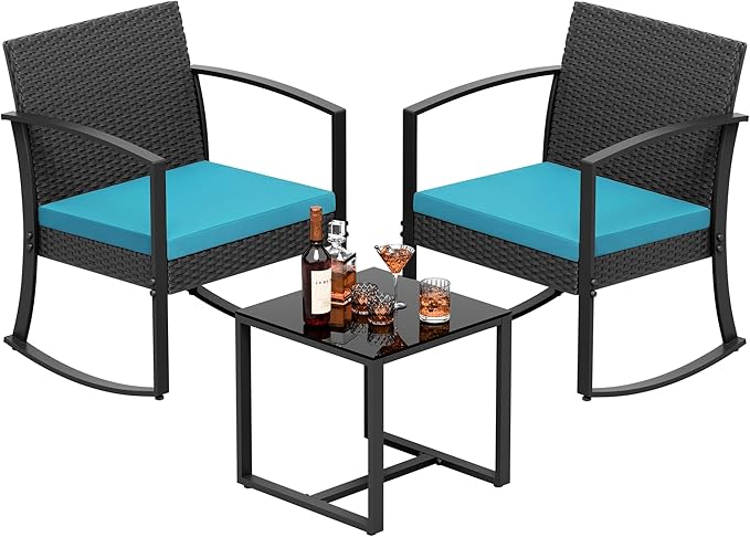 Greesum 3 Piece Patio Furniture Set, All-Weather Imitation Rattan Conversation Set, Outdoor Rocking Chair Bistro Set with Glass Top Coffee Table for Pool, Deck, Porch, Garden or Balcony, Blue