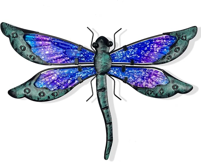 HONGLAND Metal Dragonfly Decor, Dragonfly Outdoor Wall Decor, Metal Wall Art, Wall Sculptures Gifts Hanging Decorations for Garden Yard Home-Blue 14 Inch