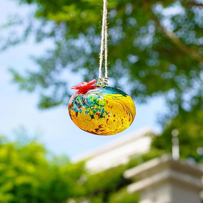 3inch Hand Blown Glass Hummingbird Feeders for Outdoors with 2 Feeding Ports Leak Proof Small Glass Humming Bird Feeder for Window Garden Patio Decoration