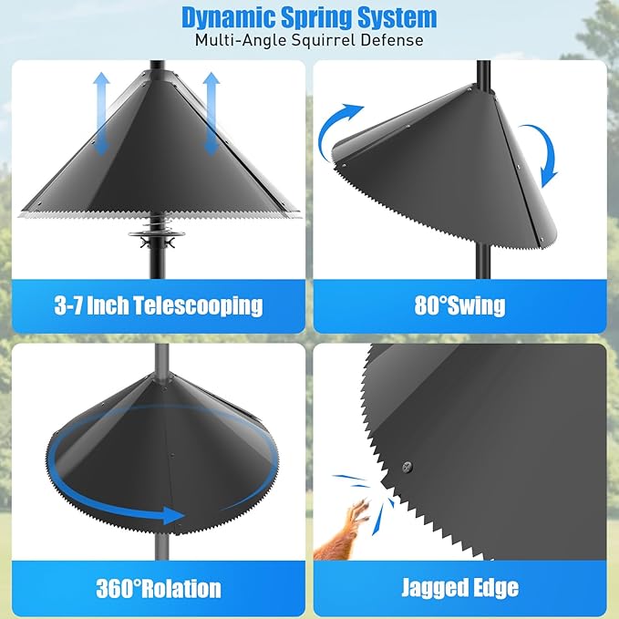 Squirrel Baffle for Bird Feeder Pole - Bird Feeder Baffle with Steel Spring Motion for Better Defense, Polycarbonate Extra-Thick Squirrel Guard for Outside Pole Mount, 19 Inch, Metal Buckle