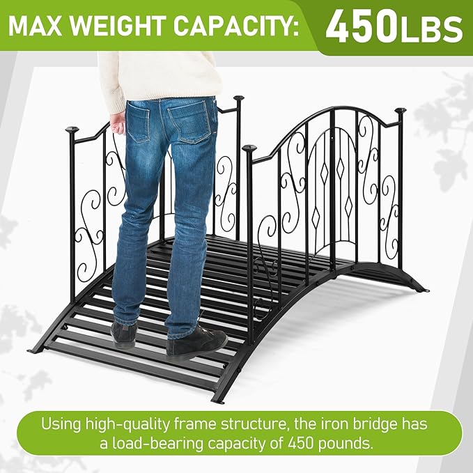 Outvita Metal Garden Bridge for Outdoor, Elegant Decorative Bridge with Powder-Coated Finish and Security Guardrail for Patio Pond Backyard Landscaping (Crown)