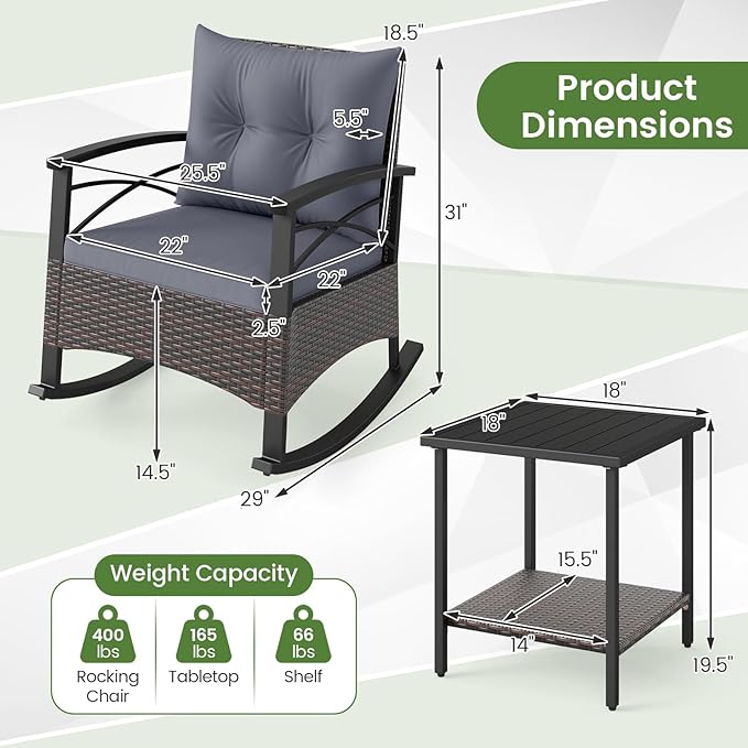 Tangkula 3 Pieces Outdoor Rocking Chairs Set, Rattan Heavy Duty Cushioned Rocker Chairs with 2-Tier Tempered Glass Coffee Table, for Garden, Balcony, Backyard (Gray)