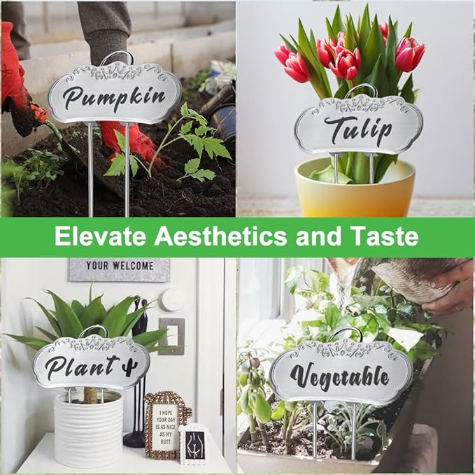 Metal Plant Labels, Tall Plant Labels, Garden Labels Outdoors for Flower, Fruit and Vegetable, Stainless Steel, Weatherproof (25 Pack, 4'' x 1.9'', Silver)