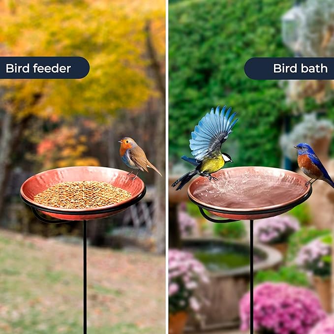Monarch Abode Standing Bird Bath & Bird Feeder for Outdoors – Pure Copper Hand Hammered Birds Bath Bowl w/ 34-inch Detachable Iron Stand, Wild Birdfeeder and Birdbath for Outside Garden Backyard