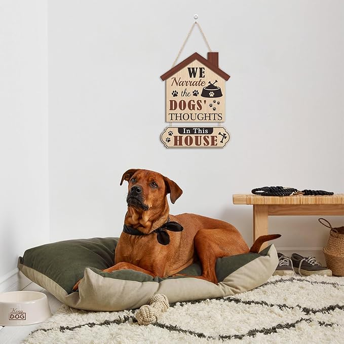 HLNIUC Funny Dog Door Sign,In This House We Narrate The Dogs’ Thought Wall Decor,Rustic Dog House Hanging Decoration for Front Door,Dogs Welcome People Tolerated Plaque for Pet Lovers Porch Decor