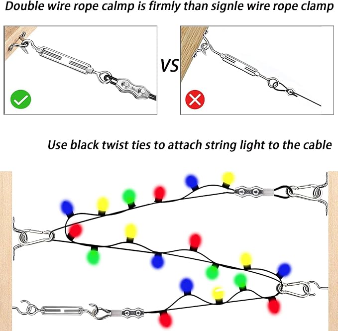 164FT Outdoor String Light Hanging Kit | Black Vinyl-Coated 304 Stainless Steel Wire Rope | Turnbuckles & Hooks | Rustproof Easy Install Set for Patio, Backyard, Garden