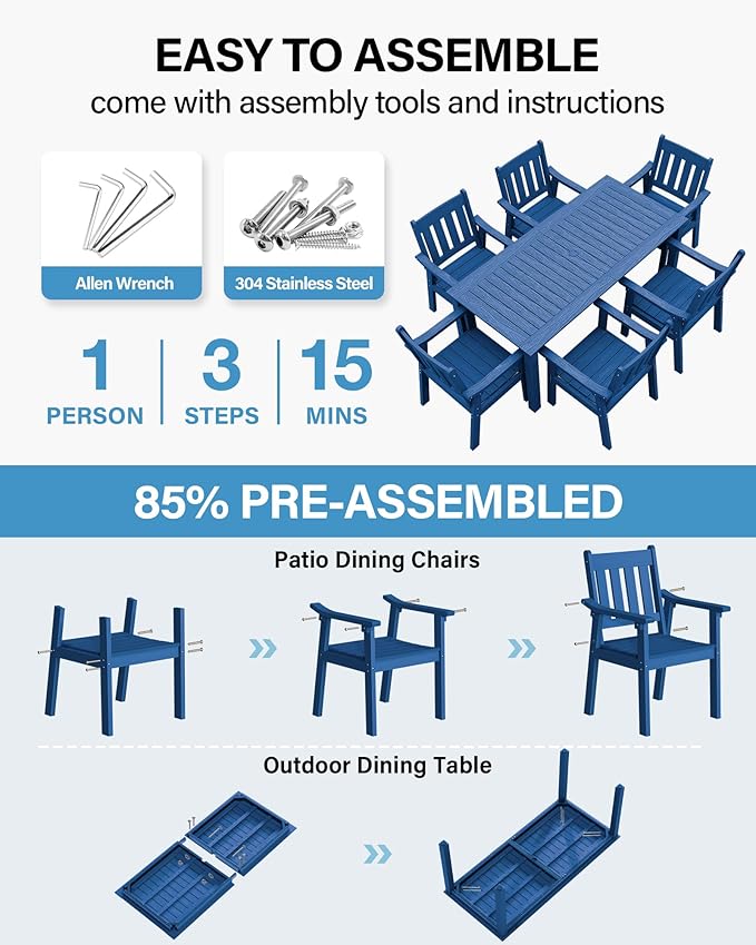 YEFU Patio Dining Chairs Set of 6: All Weather Outdoor Dining Chairs with Wide Curved Seat and Backrest - Outdoor Furniture Plastic for Outside Backyard/Garden/Porch/Deck 350lbs Capacity Blue