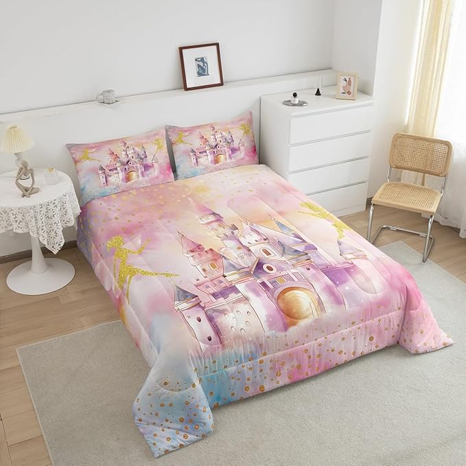Erosebridal Women Girls Princess Bed Set King,Pink Castle Fairy Bedding Set Cute Bedroom Decor,Fairy Garden Kids Comforter Sets,Girly Princess Comforter Reversible,Lightweight All Season