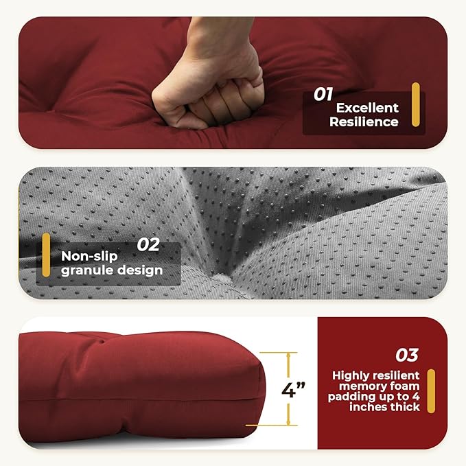 All Weather Chaise Lounge Cushions Outdoor Lounge Chair Cushion, Waterproof Memory Foam Chaise Lounger Chair Cushion Replacement for Outdoor Patio Furniture with Non-Slip Back and Ties, Red