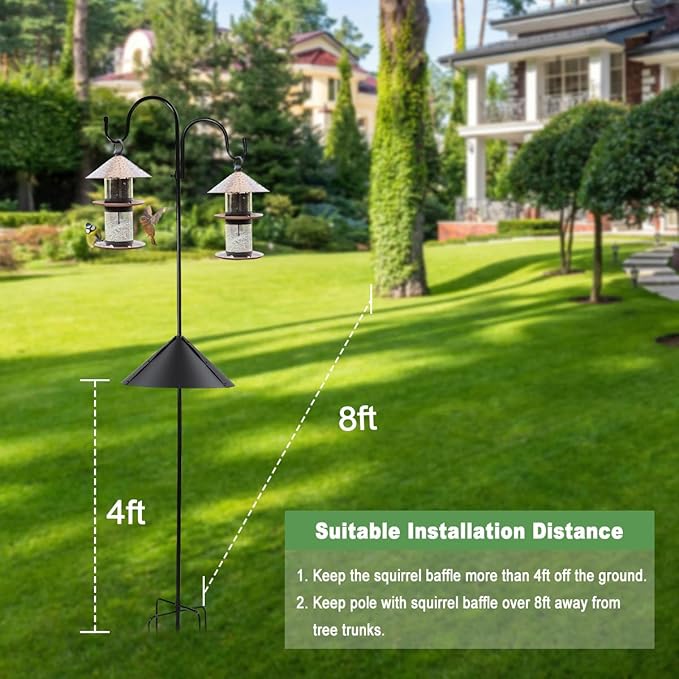 Bird Feeder Pole with Squirrel Baffle, 80" Tall Heave Duty Pole with Double Shepherd Hook 5 Prongs Base for Outdoor Hummingbird Feeders (No Bird Feeder)