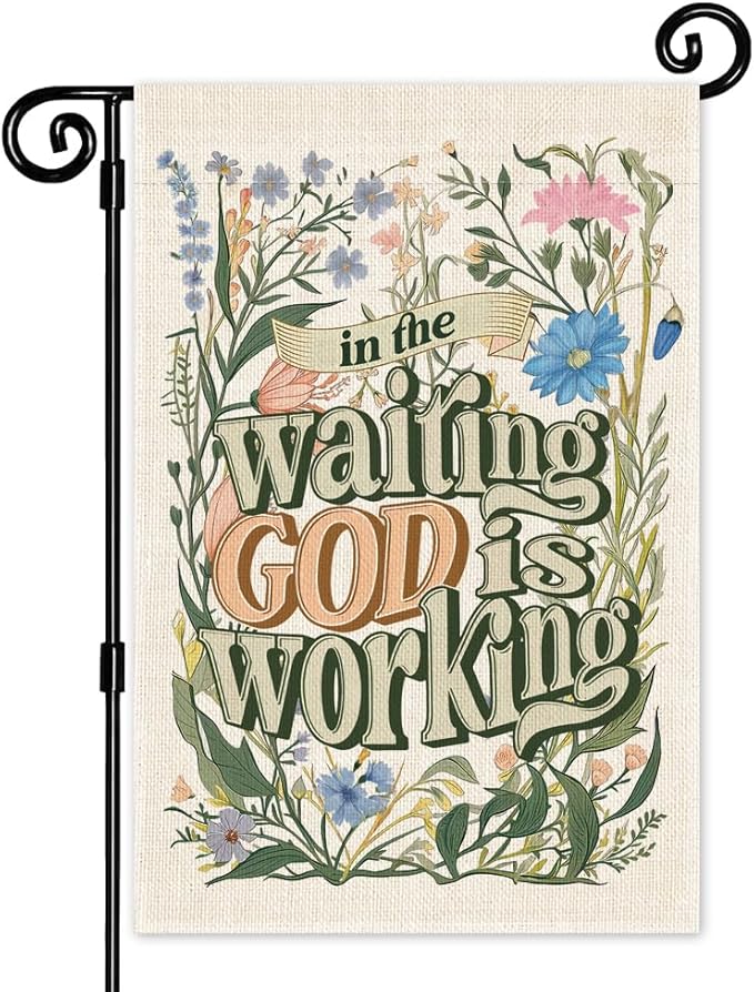 In the Waiting God is Working Floral Garden Flag, Double Sided Yard Outdoor Farmhouse Lawn Porch Decor, Christian Yard Flag, Religious Outdoor Home Decor, Inspirational Bible Saying Flag