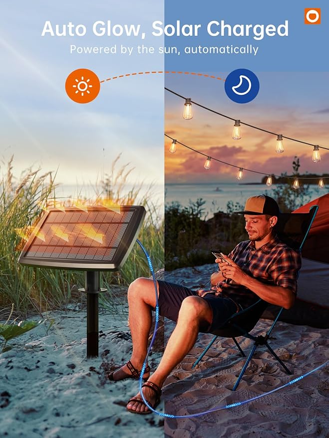 addlon 72FT Solar String Lights Outdoor, Waterproof Solar Powered Outside Lights with Remote & USB Port, ST38 LED Shatterproof Bulbs, Dimmable Solar Light for Camping Backyard Porch