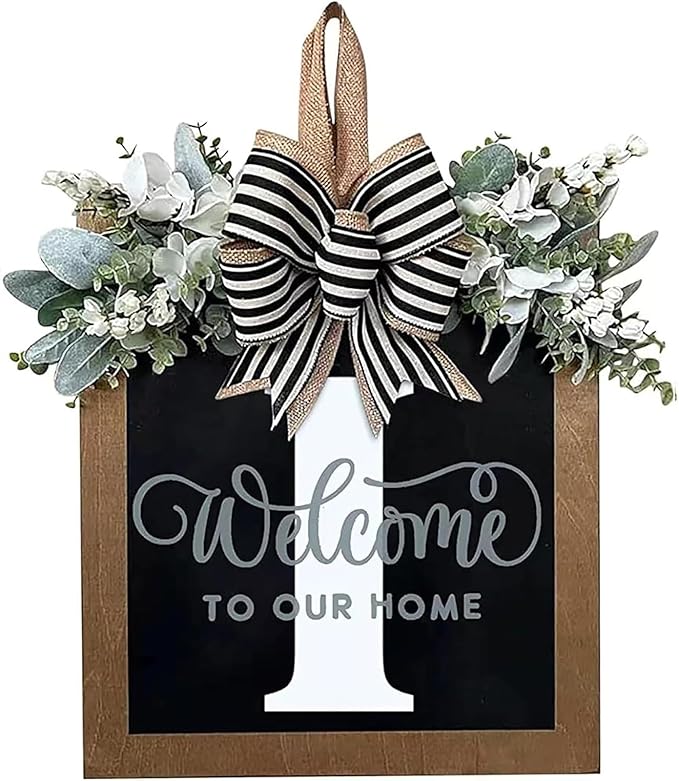 Last Name Front Porch Decor, Welcome Sign Wreath, Outdoor Decorations, 26 Letter Hanging Monogram, Spring Wreaths for All Seasons (I)