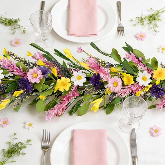 6.5 Ft Spring Summer Garland Artificial Wildflower Lavender Daisy Wisteria Wreath Swags Vine Floral Wreath Garland Fake Flower Greenery Eucalyptus Garland for Wedding Arch Porch Table Farmhouse Decor