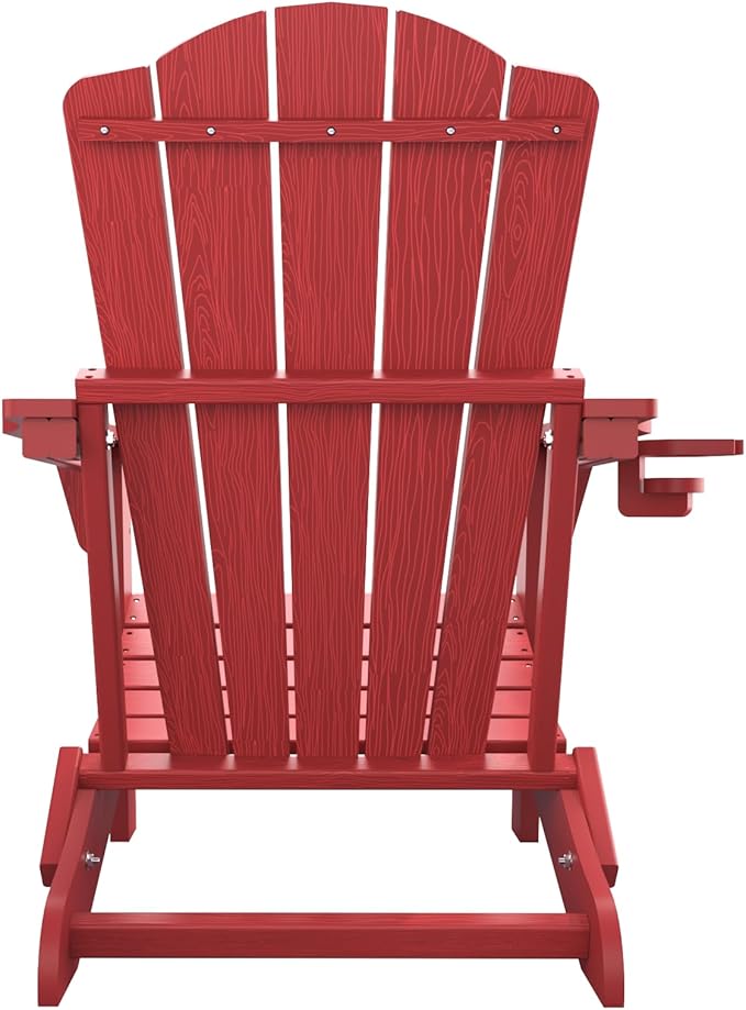Folding Adirondack Chair Set of 8,HDPE All-Weather Outdoor Chair with Cup Holder,Wooden Textured,Fire Pit Chair,Plastic Patio Chair for Deck,Backyard,Garden,Lawn(Red)