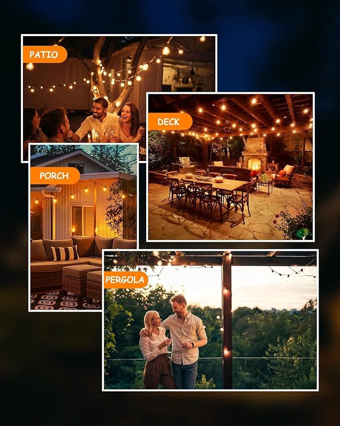 Svater Outdoor String Lights LED 60 FT, Patio Globe Lights with 32 Plastic G40 Bulbs, Waterproof Dimmable Outside Hanging Light for Backyard Bistro Cafe Porch Party Decor, 2700K Warm White