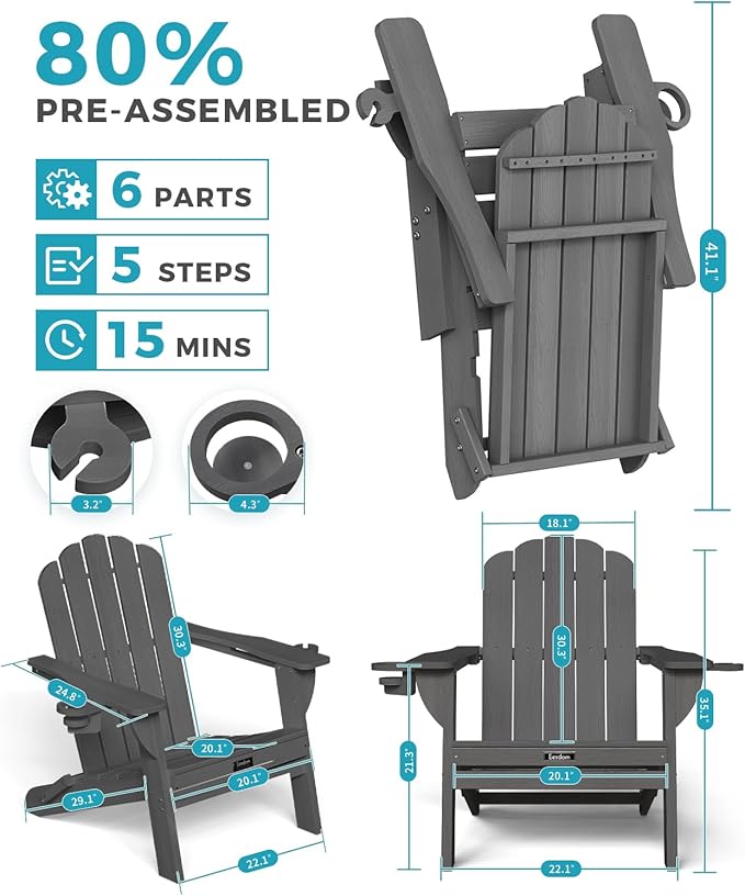 Adirondack Chairs Set of 2, HDPE Material Fire Pit Chairs, Plastic Adirondack Chairs with 2 Cup Holder, Outdoor Lawn Chair for Patio Garden，Dark Grey