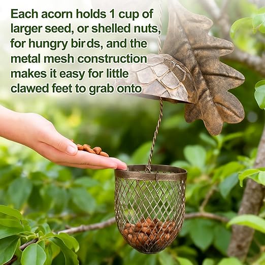 Mimorou Acorn Bird Feeder Outdoor Garden Hanging Feeding Station Sturdy Squirrel Proof Tree Bird Feeder Metal Feed Dispenser for Peanut Suet Nugget, Hanging Metal Leaf Hanger, Holds 2 Cups of Seed