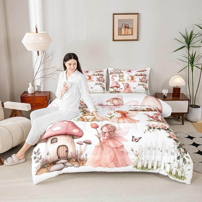 Erosebridal Pink Fairy Garden King Bedding Set - Mushroom Floral Comforter Set for Girls Kids, Butterfly Flower Bunny Quilt | Kawaii Fairies Girly Bedroom Decor with 2 Pillowcases