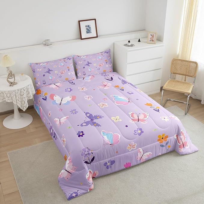 Erosebridal Purple Floral King Bedding Set,Cute Butterfly Comforter Set for Girls Teens Women,Coquette Flower Comforter,Dreamy Flowers Garden Bedroom Room Decor,2 Pillowcases All Season