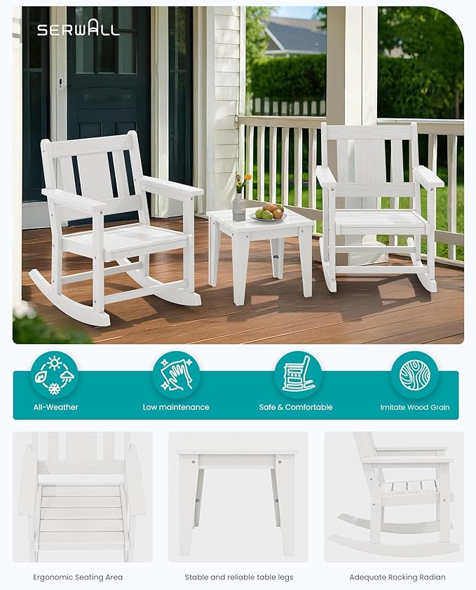 SERWALL Outdoor Rocking Chairs Set of 2 with Side Table, All-Weather HDPE 3 Piece Patio Furniture Set, Patio Bistro Set for for Porch Deck Lawn Balcony, White