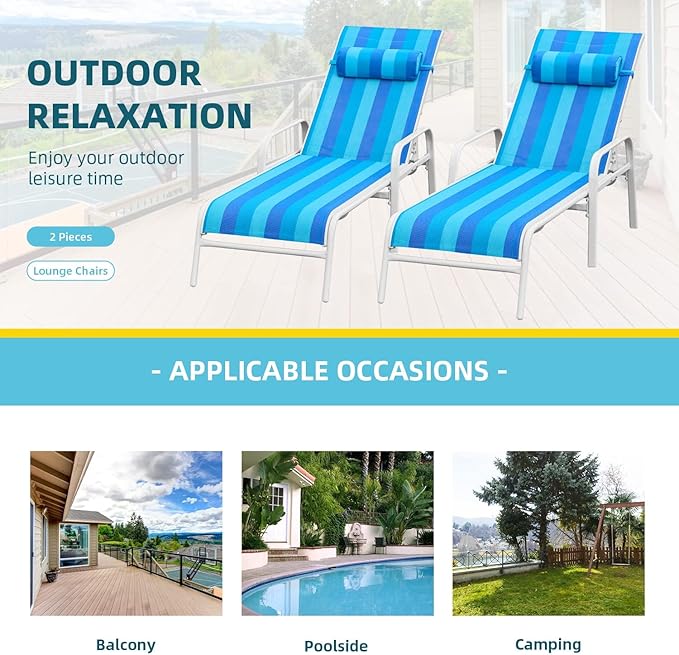 EROMMY Patio Chaise Lounge, Set of 2 Outdoor Lounge Chair, for Beach Pool Sunbathing Lawn Lounger Recliner Chiar Outside Tanning Chairs for All Weather