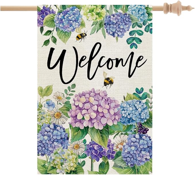 CROWNED BEAUTY Spring House Flag Floral Hydrangea Double Sided 28x40 Inches Large Burlap Welcome Holiday Seasonal Yard Decoration for Outside Porch CF1751-40