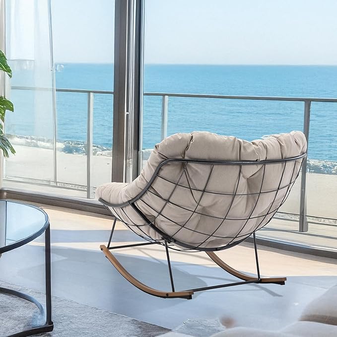 Outdoor Rocking Chair, 400 lbs Sturdy Frame with Thick Cushion,Patio Papasan Chair for Bedroom, Living Room, Porch, Garden(Beige)
