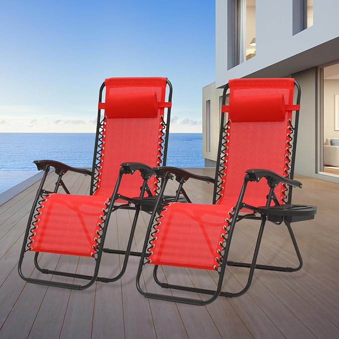Athena Collection Zero Gravity Chair, Outdoor Lounge Chair with Adjustable Pillow and Cup Holder, Reclining Camping Chair for Outside Beach Lawn Garden Patio Poolside Set of 2-Red