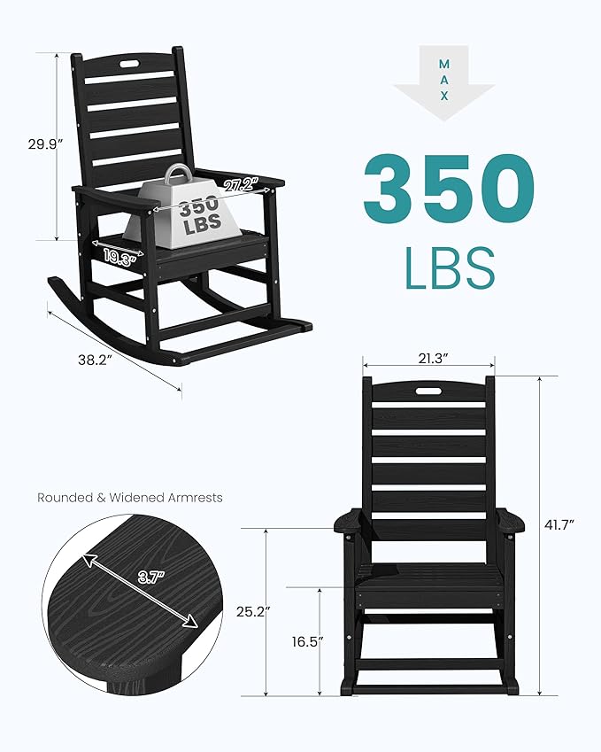 SERWALL Outdoor Rocking Chair Set of 4, Oversized HDPE Patio Rocking Chair with Footrest for Adults, All Weather Porch Rocker for Deck Patio Balcony, Black