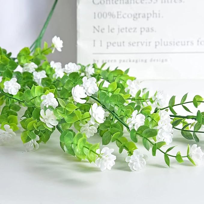 WEISPARK Artificial Hanging Flowers, 12pcs Fake Eucalyptus Vine Faux Flower Greenery Garland Plastic Plants for Indoor Outdoor Wall Garden Wedding Home Party Decor (12pcs White)