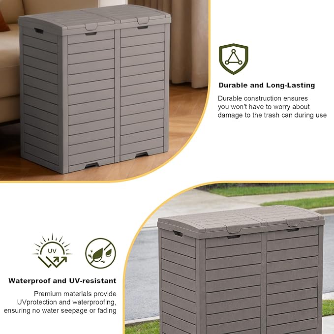 Outdoor Trash Can with lid, Waterproof, UV-Resistant Resin Garbage Can, Lockable Lid and Drip Tray, Animal-Proof, for Patio, Kitchen, Backyard and Deck (Grey, 76 Gallon)